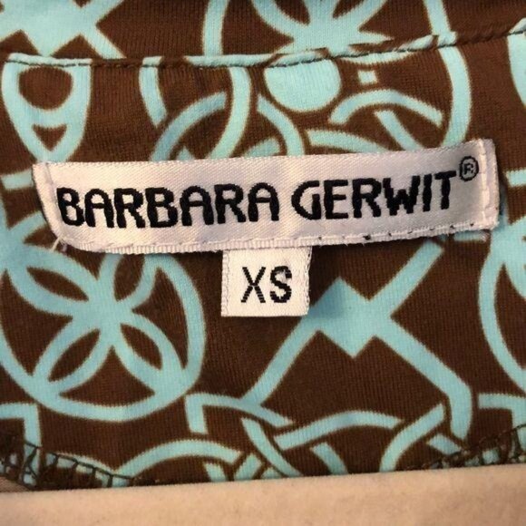 Barbara Gerwit XS Brown Turquoise Geometric 3/4 Sleeve Collared Stretch Dress - Picture 4 of 7